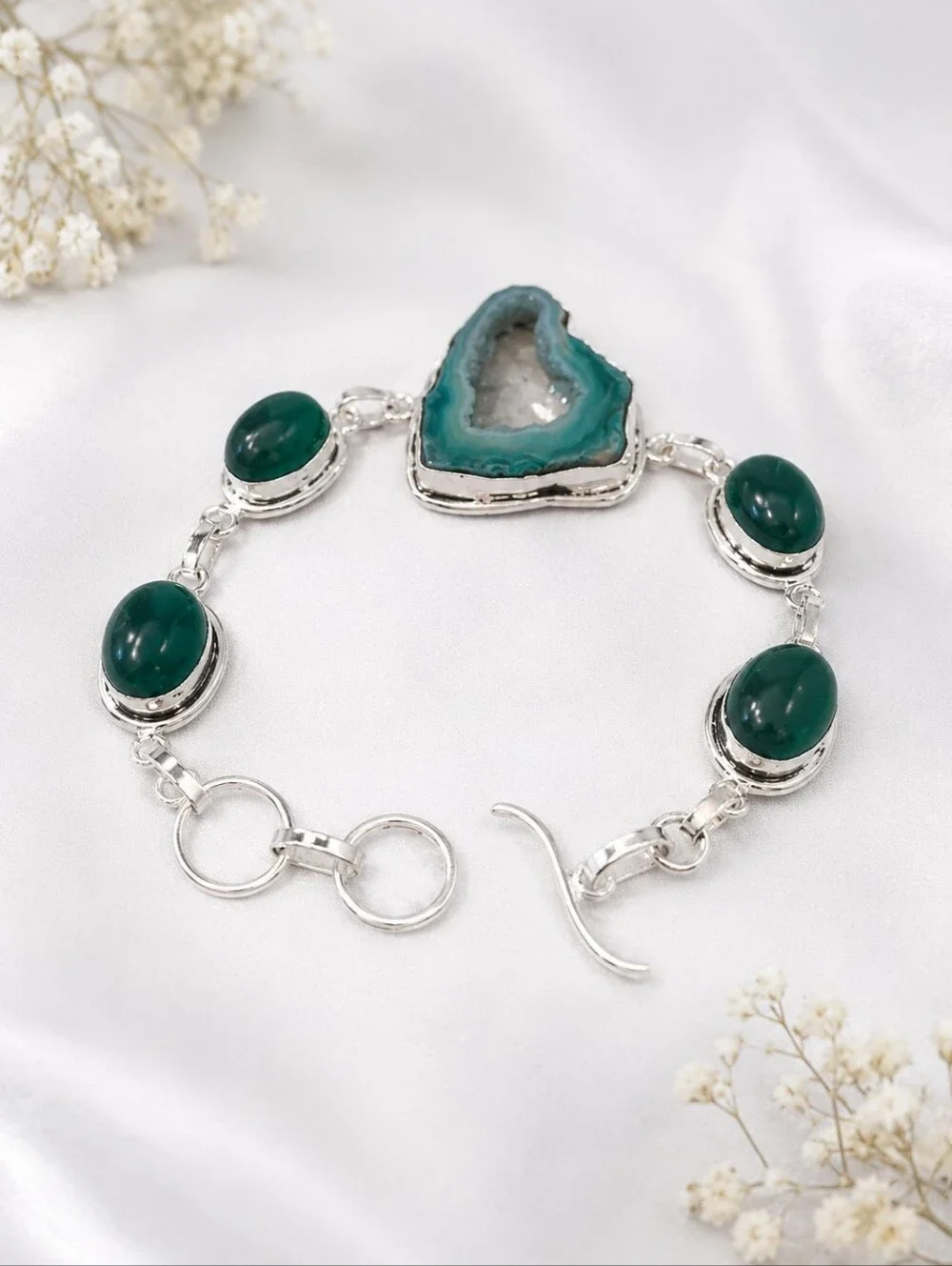 Solar Agate Druzy Bracelet | 8 Inch Green Agate Gemstone Bracelet | Silver Tone